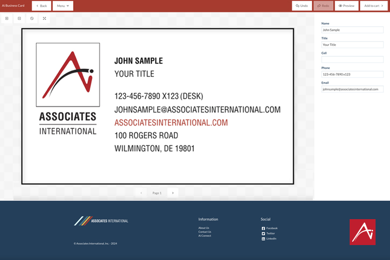 Ai Connect Storefront example of business card with variable data entry.