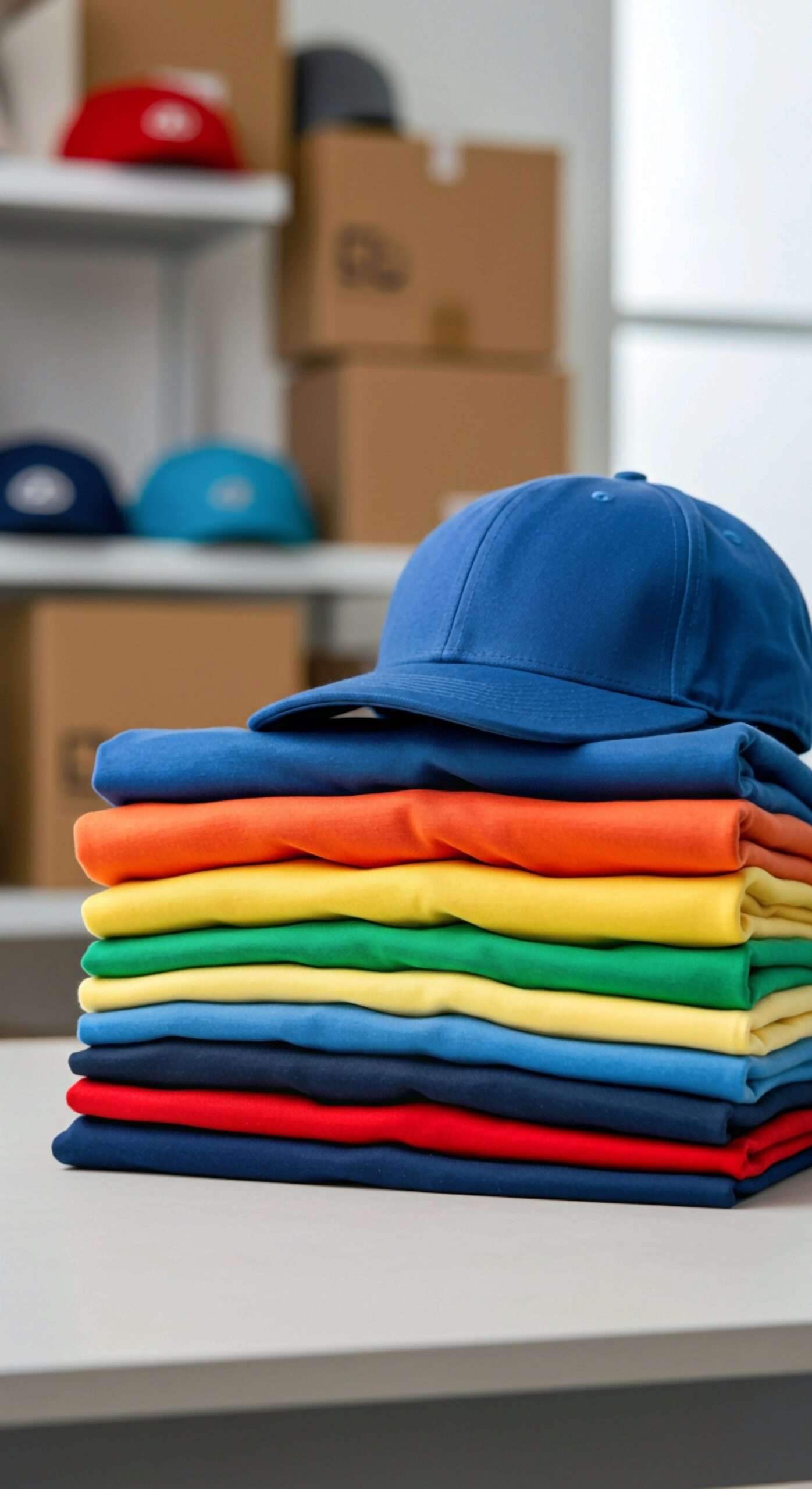 pile of colorful clothes, Colorful apparel, caps stacked neatly. Branded merchandise ready for promotional event. Swag kit preparation. Variety of colors for logo imprint. Promotional items for market